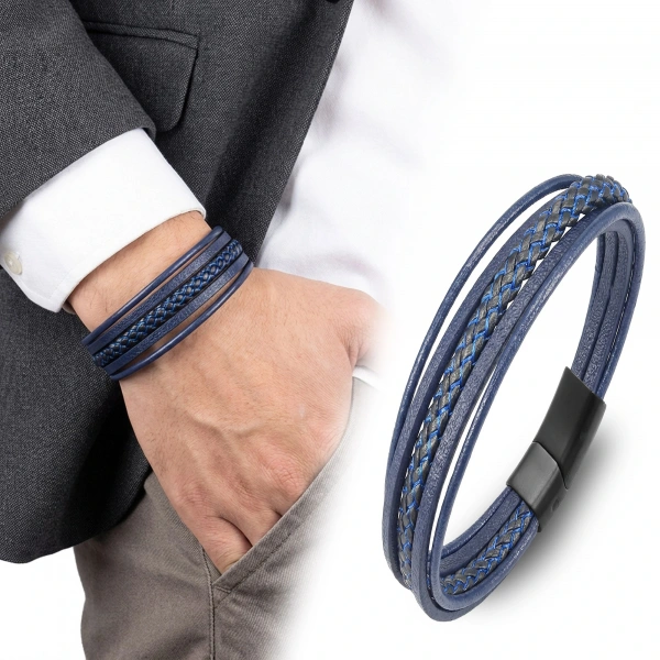 Moncuk Design Mavi Siyah Çoklu Deri Bileklik Zamak Kilit 33513B2D7Z