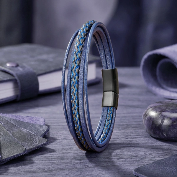 Moncuk Design Mavi Siyah Çoklu Deri Bileklik Zamak Kilit 33513B2D7Z