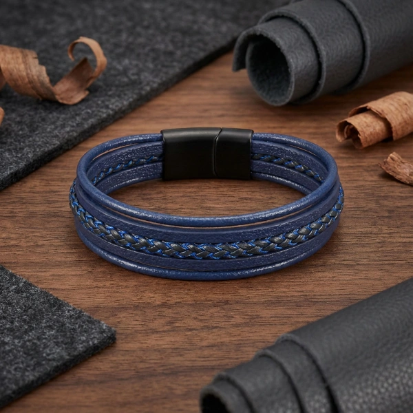 Moncuk Design Mavi Siyah Çoklu Deri Bileklik Zamak Kilit 33513B2D7Z