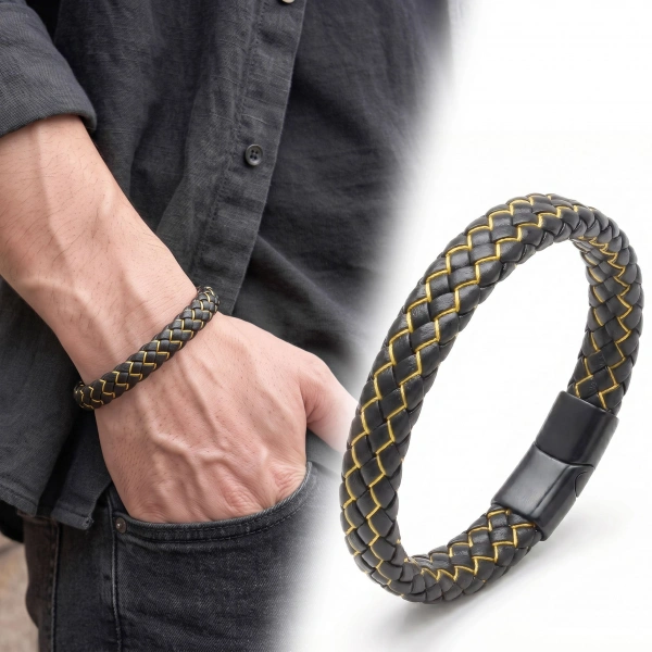 Moncuk Design Sarı İpli Siyah Deri Erkek Bileklik 33513B4D6Z