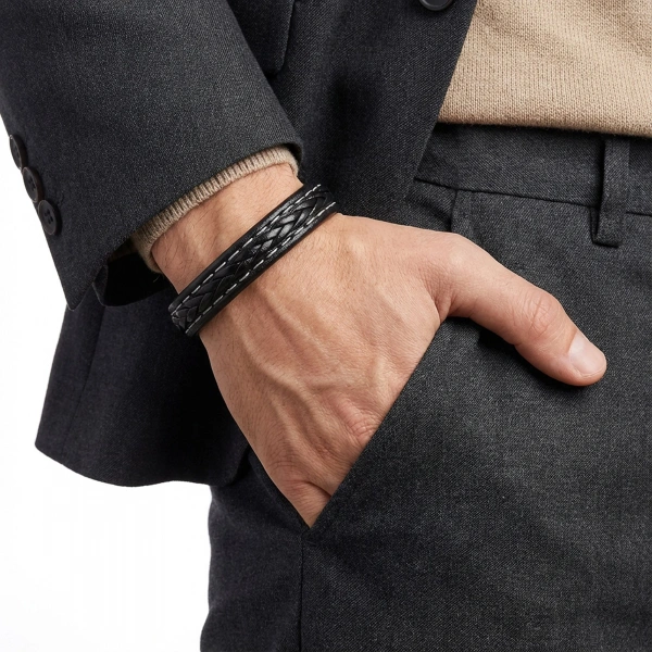 Moncuk Design Siyah Saç Örgülü Deri Bileklik Zamak Kilit 33513B8D12Z