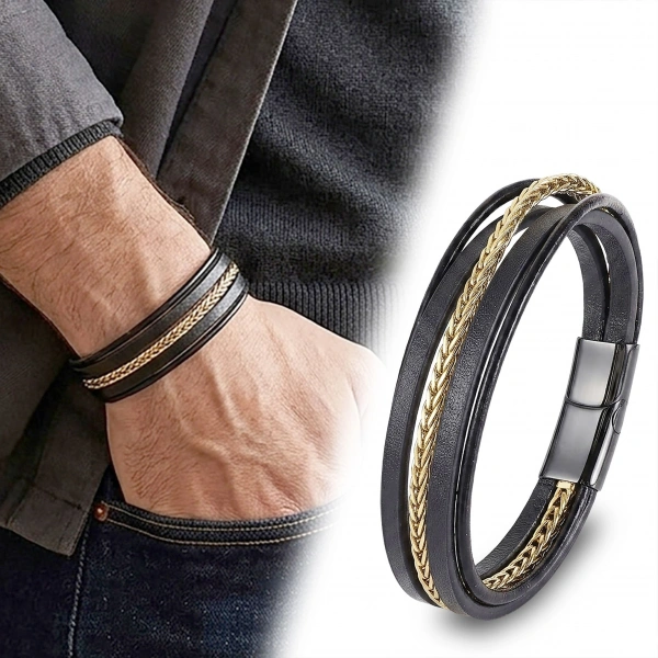 Moncuk Design Gold Çelik Zincir Detaylı Çoklu Deri Erkek Çelik Bileklik 33514B18D1