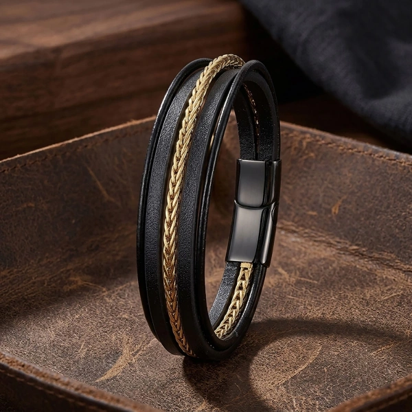 Moncuk Design Gold Çelik Zincir Detaylı Çoklu Deri Erkek Çelik Bileklik 33514B18D1