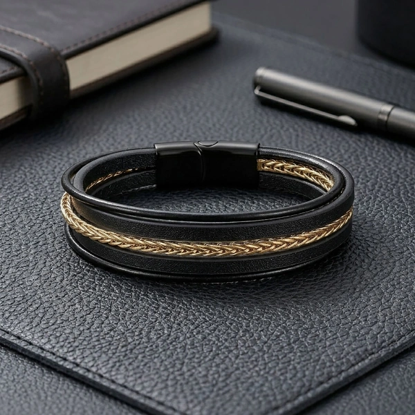 Moncuk Design Gold Çelik Zincir Detaylı Çoklu Deri Erkek Çelik Bileklik 33514B18D1