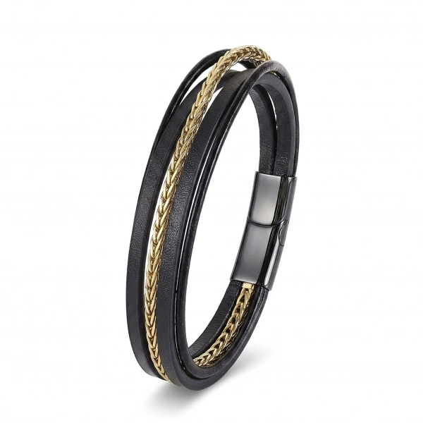 Moncuk Design Gold Çelik Zincir Detaylı Çoklu Deri Erkek Çelik Bileklik 33514B18D1