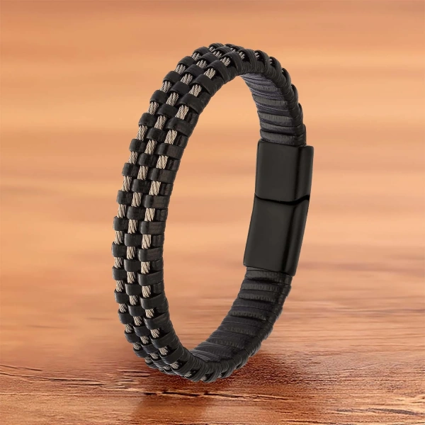 Moncuk Design Siyah Deri Burma Örgü Çelik Halat Bileklik 33514B1D3-1