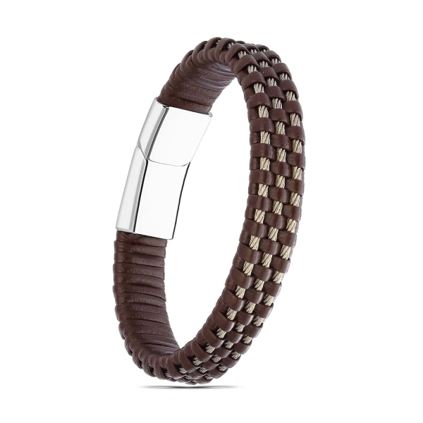 Moncuk Design Kahve Deri Burma Örgü Çelik Halat Bileklik 33514B1D3-3