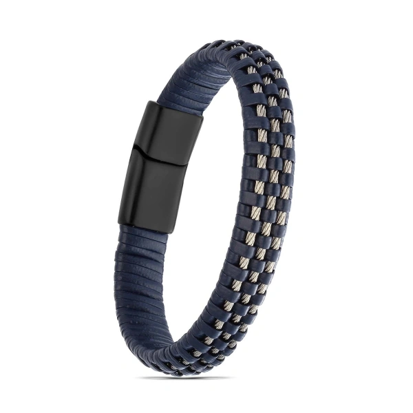 Moncuk Design Lacivert Deri Burma Örgü Çelik Halat Bileklik 33514B1D3-4