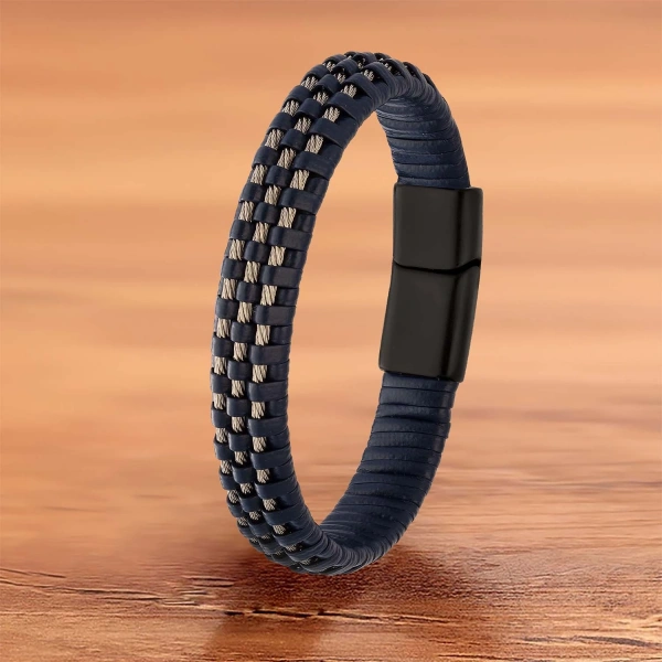 Moncuk Design Lacivert Deri Burma Örgü Çelik Halat Bileklik 33514B1D3-4