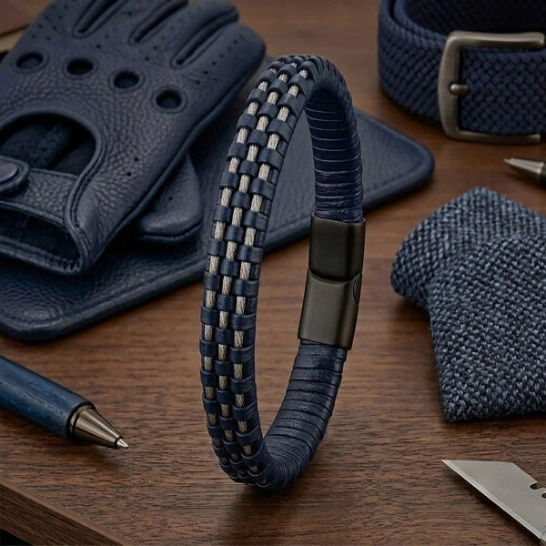 Moncuk Design Lacivert Deri Burma Örgü Çelik Halat Bileklik 33514B1D3-4