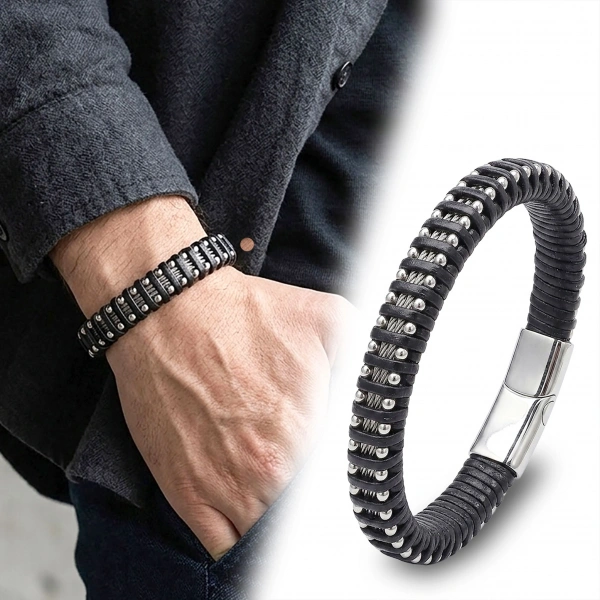 Moncuk Design Çelik Halat ve Çelik Damla Zincir Siyah Deri Dolama Bileklik 33514B1D8