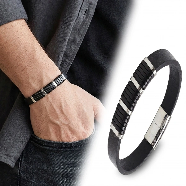 Moncuk Design Siyah Deri Dolama Ve Titanyum Kilit Erkek Bileklik 33514B20D1