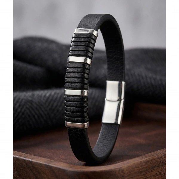 Moncuk Design Siyah Deri Dolama Ve Titanyum Kilit Erkek Bileklik 33514B20D1