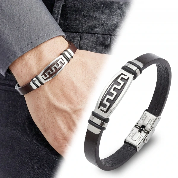Moncuk Design Motifli Ayarlanabilir Kordonlu Erkek Deri Ve Çelik Bileklik 33514B23DD4