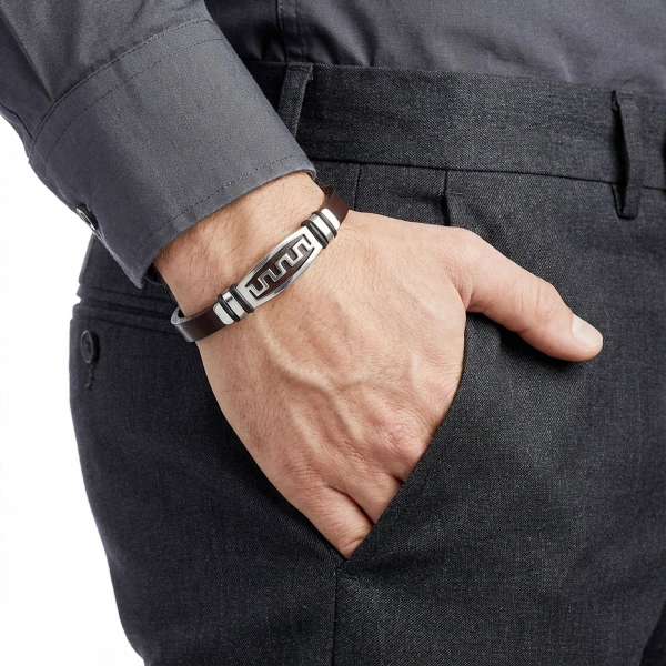Moncuk Design Motifli Ayarlanabilir Kordonlu Erkek Deri Ve Çelik Bileklik 33514B23DD4