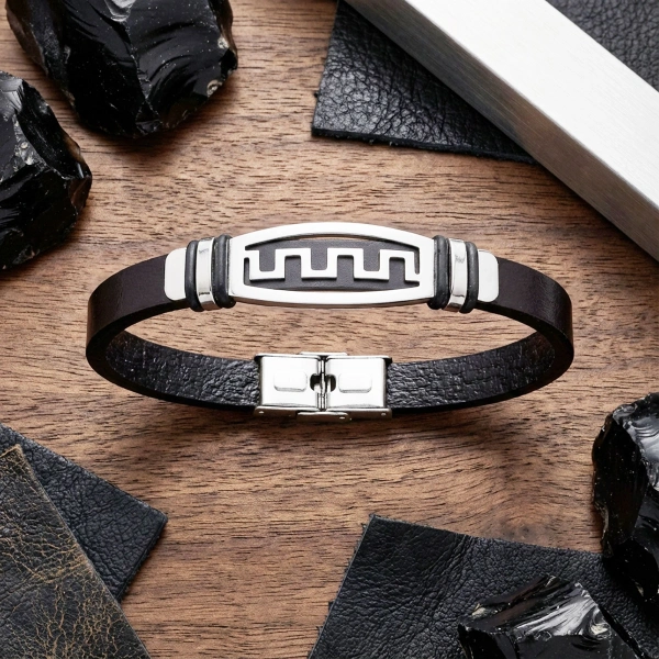 Moncuk Design Motifli Ayarlanabilir Kordonlu Erkek Deri Ve Çelik Bileklik 33514B23DD4