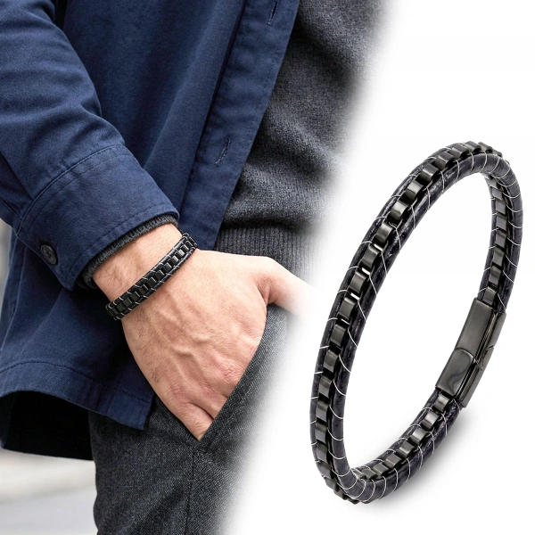 Moncuk Design Siyah Çelik Zincir Örgülü Ve Deri Erkek Bileklik 33514B24D3
