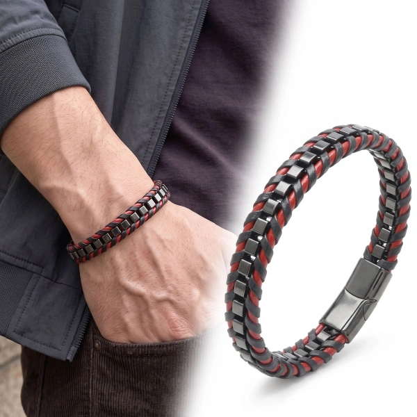 Moncuk Design Kırmızı Siyah Biyeli Deri Örgü ve Arnavut Çelik Zincir Erkek Bileklik 33514B25D2