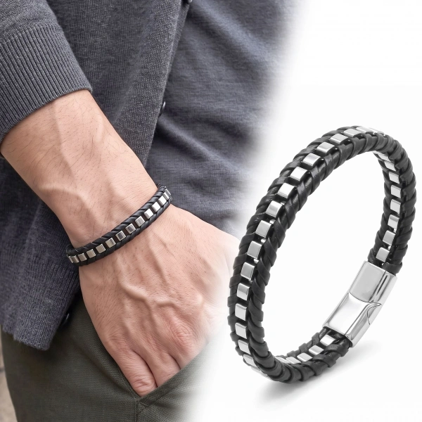 Moncuk Design Beyaz Siyah Biyeli Deri Örgü ve Arnavut Çelik Zincir Bileklik 33514B25D3