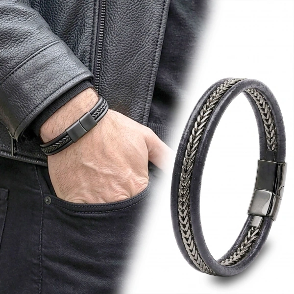 Moncuk Design Siyah Renk Balıksırtı Çelik Zincir Orijinal Deri Erkek Bileklik 33516B1D2