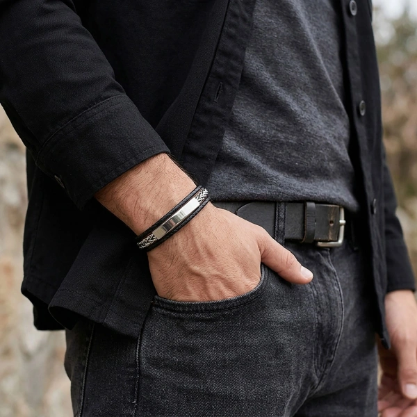Moncuk Design Kişiye Özel İsim Yazılabilir Orijinal Deri Çelik Zincir Erkek Bileklik 33516B2D1