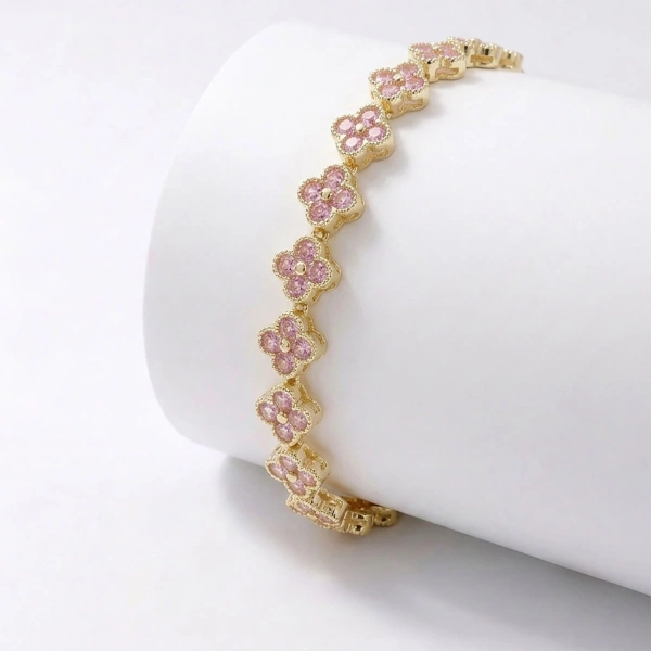 Moncuk Design 8 mm Pembe Zirkon Taşlı Ayarlanabilir Çiçek Kadın Bileklik 3351KBV6D3