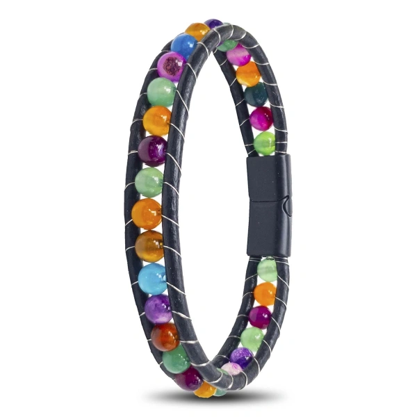 Moncuk Design 6Mm Çakra Akik Taşlı Deri Kordon Ve Çelik Bileklik 33512B2D6M5