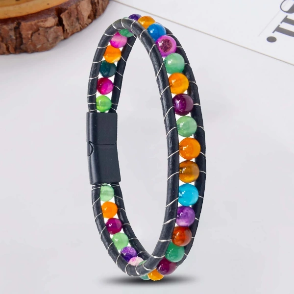 Moncuk Design 6Mm Çakra Akik Taşlı Deri Kordon Ve Çelik Bileklik 33512B2D6M5