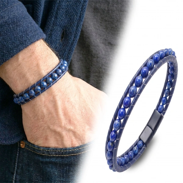 Moncuk Design 6Mm Lapis Taşlı Deri Kordon Ve Çelik Bileklik 33512B2D6M14