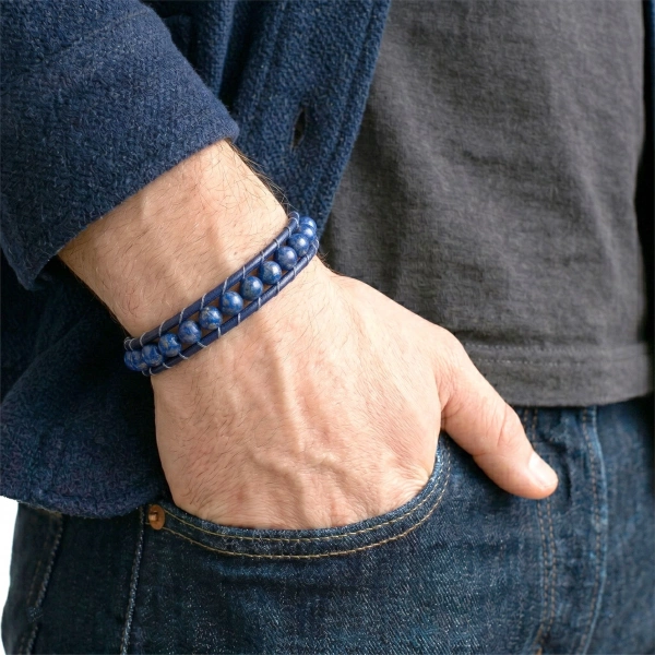 Moncuk Design 6Mm Lapis Taşlı Deri Kordon Ve Çelik Bileklik 33512B2D6M14