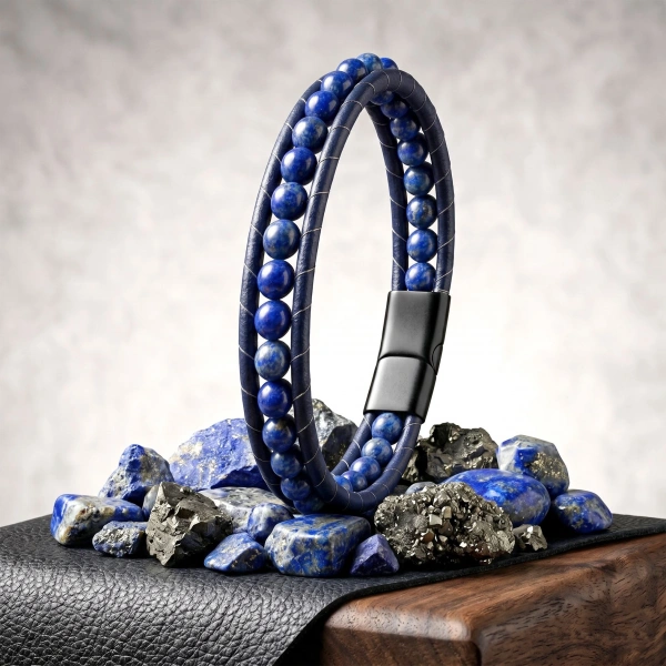 Moncuk Design 6Mm Lapis Taşlı Deri Kordon Ve Çelik Bileklik 33512B2D6M14