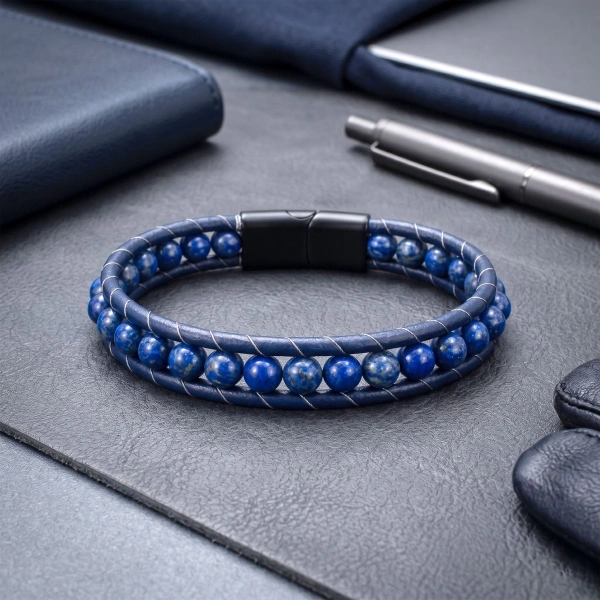 Moncuk Design 6Mm Lapis Taşlı Deri Kordon Ve Çelik Bileklik 33512B2D6M14