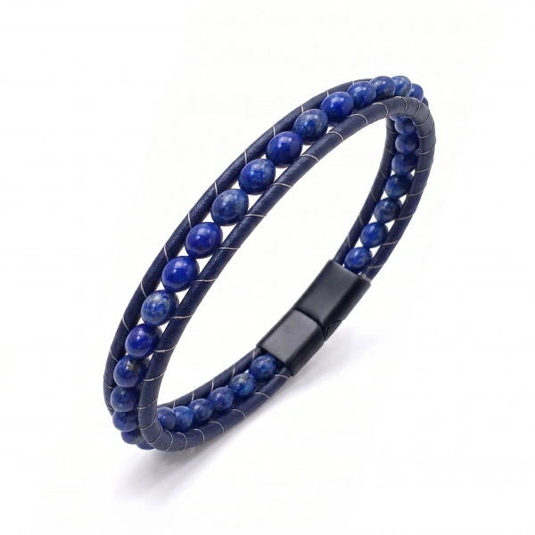 Moncuk Design 6Mm Lapis Taşlı Deri Kordon Ve Çelik Bileklik 33512B2D6M14
