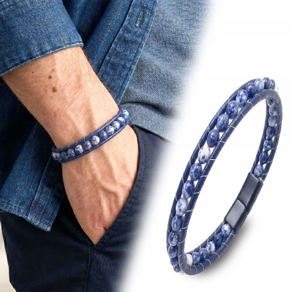 Moncuk Design 6Mm Mavi Damarlı Akik Taşlı Deri Kordon Ve Çelik Bileklik 33512B2D6M9