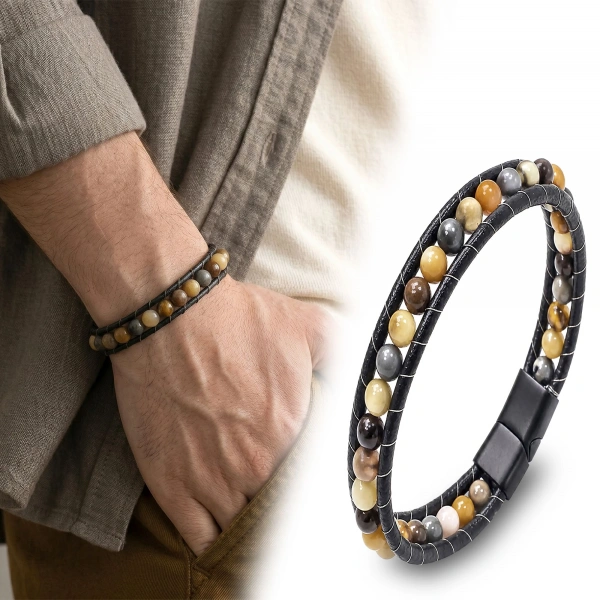 Moncuk Design 6Mm Yemen Akik Deri Kordon Ve Çelik Bileklik 33512B2D6M19