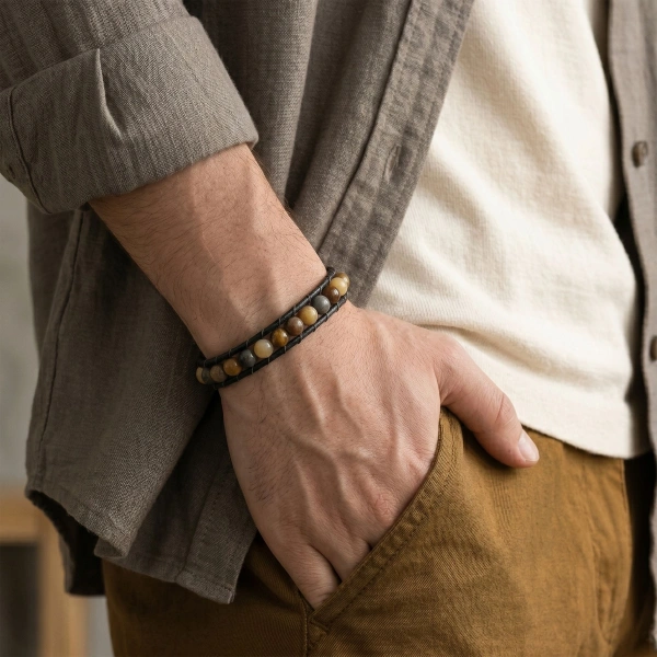 Moncuk Design 6Mm Yemen Akik Deri Kordon Ve Çelik Bileklik 33512B2D6M19