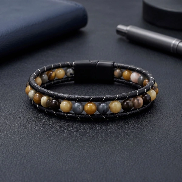 Moncuk Design 6Mm Yemen Akik Deri Kordon Ve Çelik Bileklik 33512B2D6M19