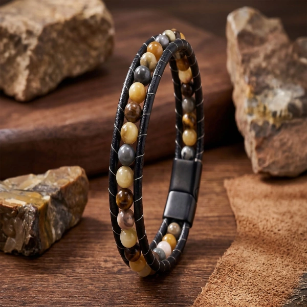 Moncuk Design 6Mm Yemen Akik Deri Kordon Ve Çelik Bileklik 33512B2D6M19