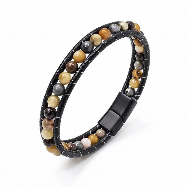 Moncuk Design 6Mm Yemen Akik Deri Kordon Ve Çelik Bileklik 33512B2D6M19
