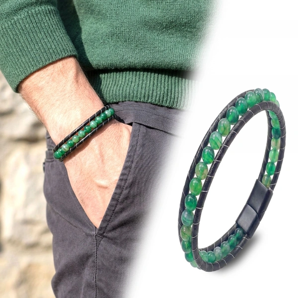 Moncuk Design 6Mm Yeşil Akik Taşlı Deri Kordon Ve Çelik Bileklik 33512B2D6M6
