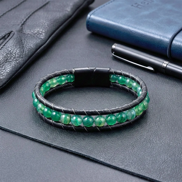Moncuk Design 6Mm Yeşil Akik Taşlı Deri Kordon Ve Çelik Bileklik 33512B2D6M6