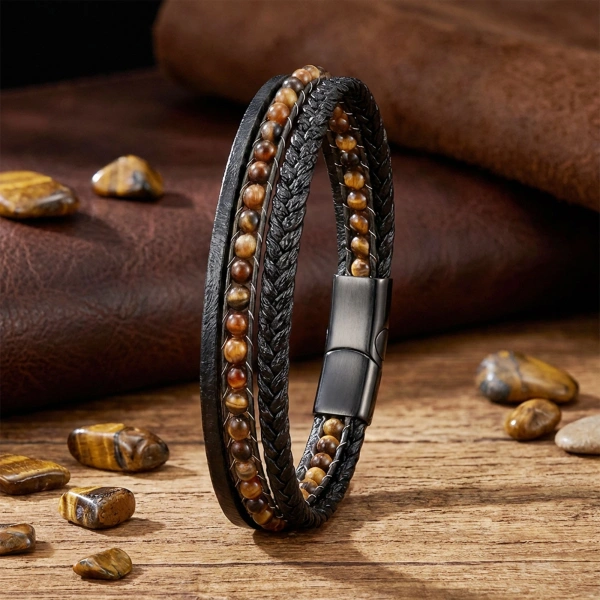 Moncuk Design Siyah Madagaskar Taşlı 316L Çelik Kilitli Çok Katmanlı Örgü Deri Erkek Bileklik 33512B9D5