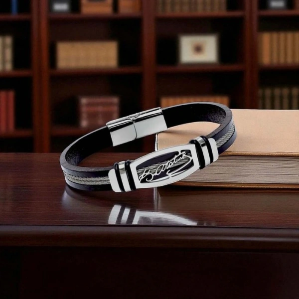 Moncuk Design Kemal Atatürk Deri Kordonlu Çelik Halatlı Erkek Bileklik 33514B17D2