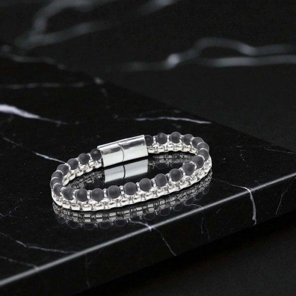 Moncuk Design Çelik Zincirli Mat Oniks Ve Silver Hematit Bileklik 33512B21D11