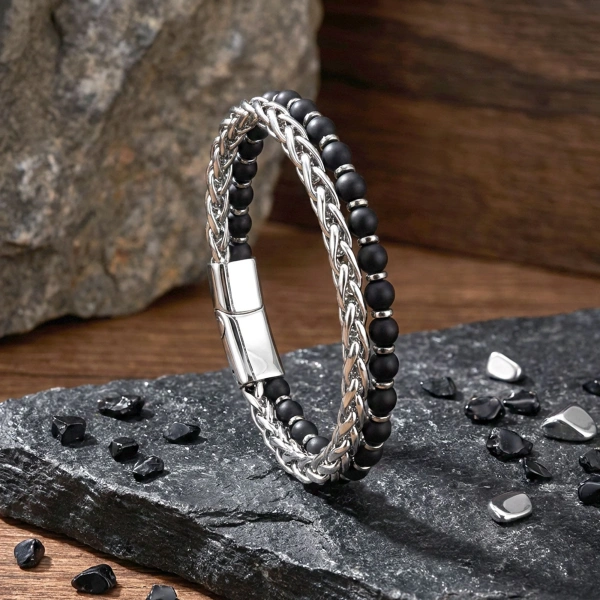 Moncuk Design Çelik Zincirli Mat Oniks Ve Silver Hematit Bileklik 33512B21D11
