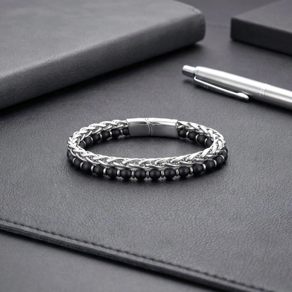 Moncuk Design Çelik Zincirli Mat Oniks Ve Silver Hematit Bileklik 33512B21D11