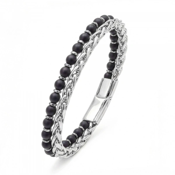 Moncuk Design Çelik Zincirli Mat Oniks Ve Silver Hematit Bileklik 33512B21D11