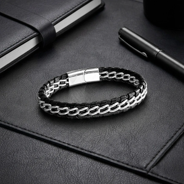 Moncuk Design Çift Zincir Çelik Ve Deri Bileklik 33514B2D2
