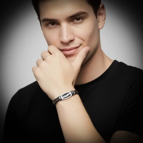 Moncuk Design Deri Kordonlu Çelik Halatlı Erkek Bileklik 33514B17D6
