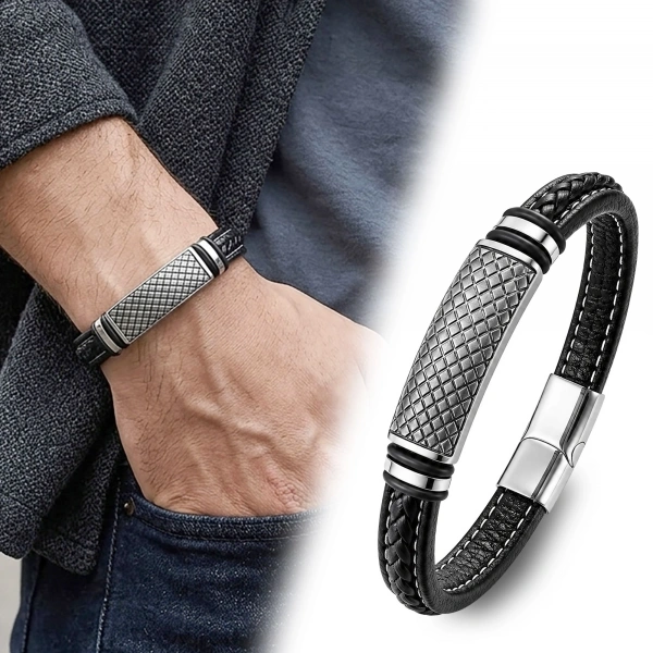 Moncuk Design Diamond Grid Desenli Çelik Kilitli Siyah Deri Erkek Bileklik 33511B8D5